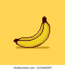 Banana character pixel art on yellow banner background