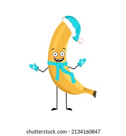 Banana character in Santa hat with happy emotion, joyful face, smile eyes, arms and legs. Person with expression, fruit emoticon. Vector flat illustration
