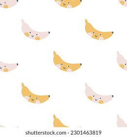Banana character seamless pattern with smiley face. Hand-drawn cartoon doodle in simple naive style. Vector illustrations in a pastel palette for kids. Isolate cute fruit on a white background