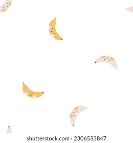 Banana character seamless pattern with smiley face. Hand-drawn cartoon doodle in simple naive style. Vector illustrations in a pastel palette for kids. Isolate cute fruit on a white background