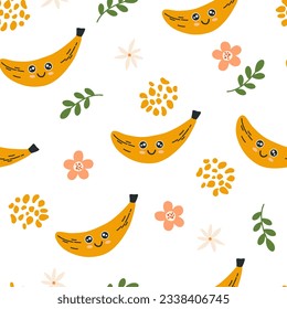 Banana character seamless pattern. Banana with smiley face and flowers. Creative texture for fabric, packaging, textiles, wallpaper, clothing. Vector illustration for kids. Cute fruit background