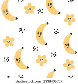Banana character seamless pattern. Banana with smiley face and flowers. Creative texture for fabric, packaging, textiles, wallpaper, clothing. Vector illustration for kids. Cute fruit background