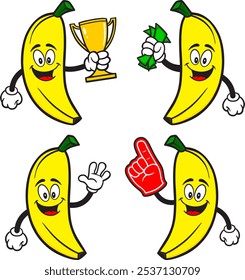 Banana Character Set 02, Hand Drawn Vector illustrations, Isolated On Transparent Background