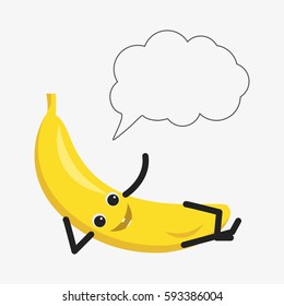 Banana character with speech bubble. Funny doodle cartoon fruit. Isolated on white background. Flat vector stock illustration
