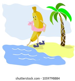 Banana character, vector image. Summer, Bathing on the beach. Fruity character. Flat design.  