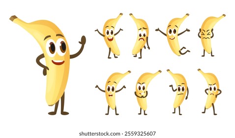 Banana characters. Cartoon bananas different poses and emotions. Funny children mascots, positive negative angry sad fruits, nowaday vector set