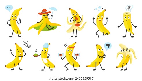 Banana characters. Cartoon various bananas poses and emotions. Emotional fruits cook, singing, rest and sport training, neoteric vector set