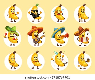 Personajes de plátano. personajes de plátano en diferentes poses, bailando, divirtiéndose, divertidos lindos héroes infantiles felices colección. ilustración de dibujos animados de Vector.