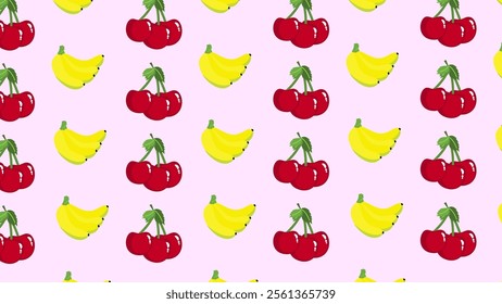 Banana and cherry fruit pattern background. Vector of Banana and cherry fruit icon. Perfect for textile, fabric, print, web, business, ads, social media, many more. SSTKbackgrounds 