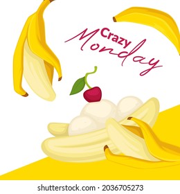 Banana and cherry mix, sweet dessert with ice cream ball. Exotic meal in gelateria, organic natural products dishes. Promotional banner or poster, cafe or restaurant discounts. Vector in flat