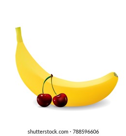 Banana and cherry realistic vector.