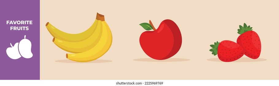 Banana, cherry and strawberry. Fruits set concept. Colored flat graphic vector illustration isolated. 