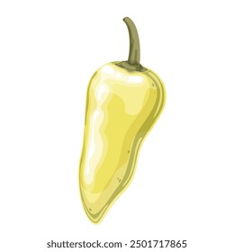 Banana chili pepper, cartoon spice and vegetable. Whole yellow wax pepper on green stem, cartoon vegetarian food ingredient with mild hot taste for pickled and stuffed dish vector illustration