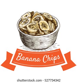 Banana chips colorful illustration. Vector illustration of Indian cuisine.