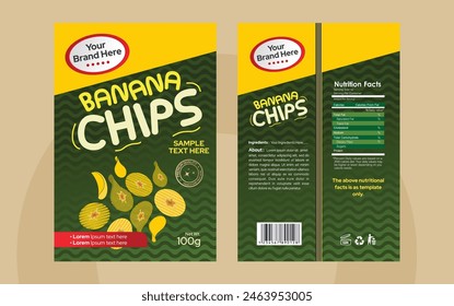 Banana chips packaging design, Food packaging label design, Chips logo design and packet wrap label design editable vector file illustration