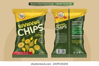 Bananenchips Beutelverpackungsdesign, Lebensmittelverpackungsdesign, Chips-Logo und Packet Wrap Label Design Editable Vektor-Datei-Illustration