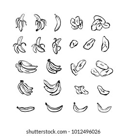 Banana chips set. Vector collection of hand drawn fruit icons. Isolated illustrations for vegetarian cafe identity or decoration of organic crisps package