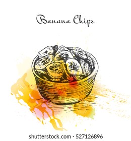 Banana Chips watercolor effect illustration. Vector illustration of Indian cuisine.