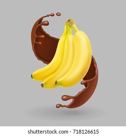 Banana in chocolate splash. Realistic fruit vector illustration