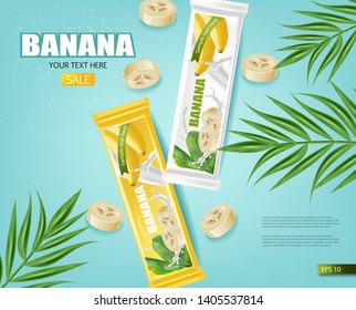 Banana chocolate Vector realistic mock up. Product placement label design. Detailed 3d illustration