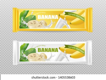 Banana chocolate Vector realistic mock up. Product placement label design. Detailed 3d illustration