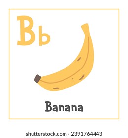 Banana clipart. Ilustración vectorial de banana estilo plano. Las frutas comienzan con la letra B. Alfabeto de fruta. Tarjeta B de la carta de aprendizaje. Educación infantil. Diseño de vectores de plátano