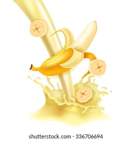 Banana cocktail shake with milk splashes vector illustration