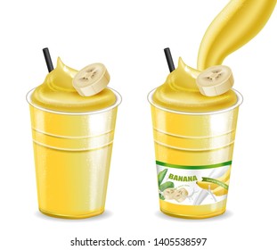 Banana cocktail shake smoothie glasses Vector realistic mock up. Juicy drink with splash. Product placement. Detailed 3d illustration