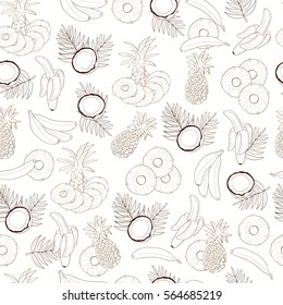 Banana, coconut, pineapple. Exotic fruits. Background, wallpaper, seamless. Sketch. Black-and-white drawing.