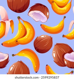 Banana and coconut seamless pattern. Tropical fruits cartoon illustrations. Delicious vector background