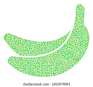 Banana collage of dots in various sizes and fresh green color tinges. Circle dots are combined into banana vector mosaic. Fresh vector illustration.