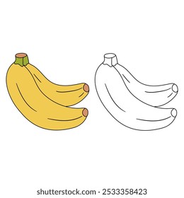 Páginas de colorir banana para crianças. Banana de traço e cor. Banana line art vetor para colorir livros isolados sobre fundo branco. Planilhas de jardim de infância e pré-escola imprimíveis para crianças. 