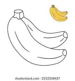 Banane Malvorlagen für Kinder. Spur und Farbe Banane. Bananenlinien-Kunstvektor zum Färben von Büchern, einzeln auf weißem Hintergrund. Kindergarten- und Vorschularbeitsblätter für Kinder druckbar. 