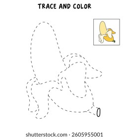 Banana coloring pages for kids. Trace and color banana. Banana fruit line art clip art illustration. Fruit coloring pages worksheets printable for kids, Kindergarten and preschool activity. 