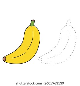 Banana coloring pages for kids. Trace and color banana. Banana fruit line art clip art illustration. Fruit coloring pages worksheets printable for kids, Kindergarten and preschool activity. 