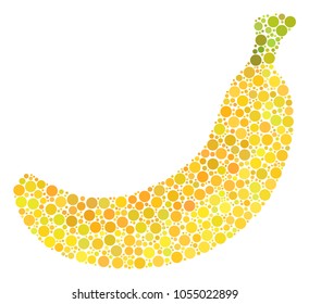 Banana composition of circle dots in different sizes and color tinges. Dots are grouped into banana vector illustration. Vector design concept.