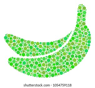 Banana composition of dots in variable sizes and eco green shades. Vector dots are grouped into banana illustration. Ecology vector illustration.