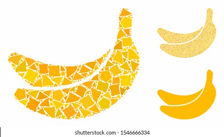 Banana composition of uneven items in variable sizes and shades, based on banana icon. Vector tremulant items are organized into collage. Banana icons collage with dotted pattern.