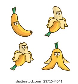 Banana with a confused face on whole fruit, peeled, bitten, and peel on a white background.