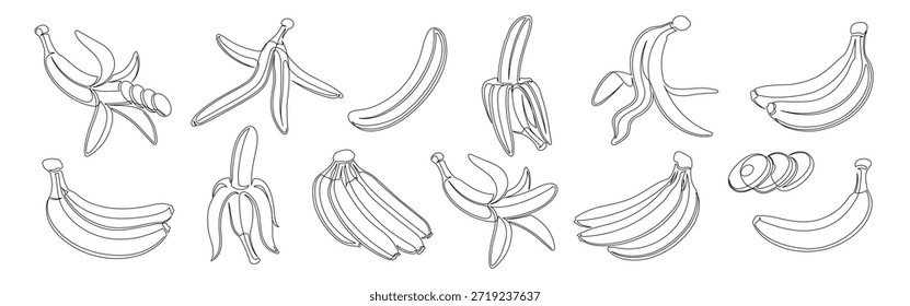Banana contínua um conjunto de ícones de desenho de linha. Traçado editável. Contorno de bananas coleções de frutas isoladas em um fundo branco. Ilustração vetorial