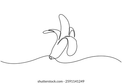 Banana continuous single line art drawing. Banana fruit minimal art style, Peeled banana in continuous line art drawing style. Black line sketch on white background.