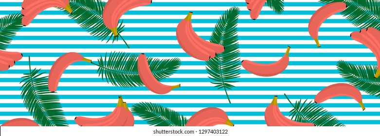 Banana in coral color with tropical liaves background. Pattern with tropical palm leaves and bananas. Eps10