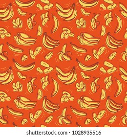 Banana crisp seamless pattern. Fruit chips vector motif. Red background for dried bananas package