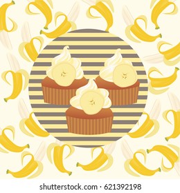 banana cupcake muffin and top butter cream. brown bread. vector illustration.