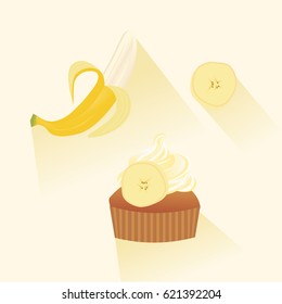 Banana Cupcake Muffin And Top Butter Cream. Brown Bread. Vector Illustration.