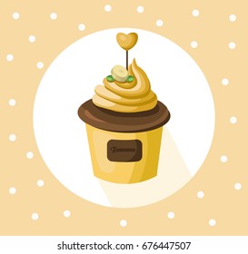 Banana cupcake muffins Vector illustration dessert. Template icon for menu, cafe, bakery. Vintage retro background