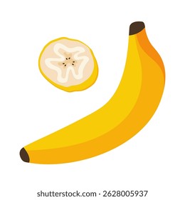 Corte de banana. Desenho animado fruta tropical madura com casca e fatia, lanche orgânico saudável de bananas doces, vegetariano natural sobremesa fresca exótica. Ilustração isolada de banana por vetor.