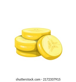 Banana cut slices stack yellow color vector illustration. Chopped unpeeled banana fruit pieces in cartoon style, isolated
