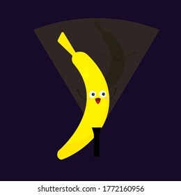 banana cute cartoon character tropical fruit illuminates himself from below with a flashlight against a dark background of the night Halloween and mysticism concept