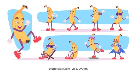 Banana. Cute fruit characters with emotions exact vector mascot banana in action poses cartoon template